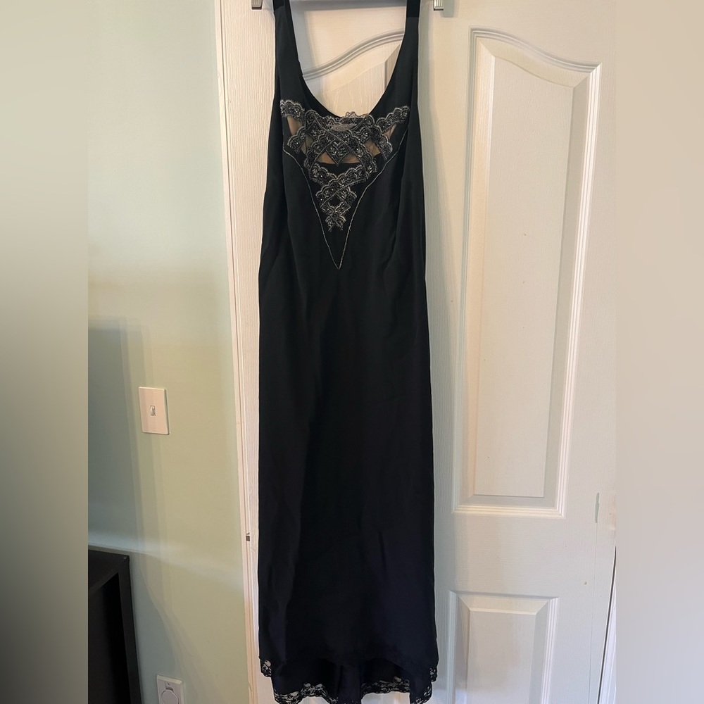 Black Silk Italian Lace-Trim Embellished Evening Gown